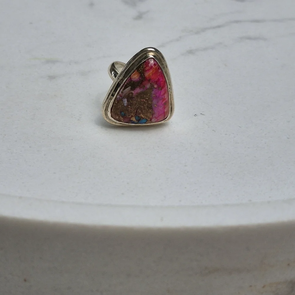 925 Silver Pink Cotton Candy Cooper Turqouis Artisanal Handmade Ring - Picture 11 of 11